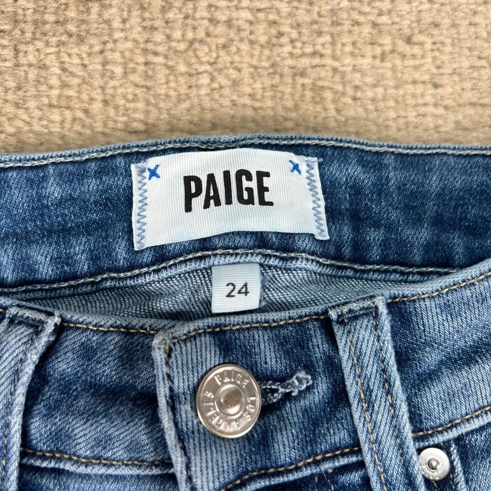 Paige Laurel Canyon High Rise Flare Jeans Blue Raw Hem Size 24 Womens Distressed